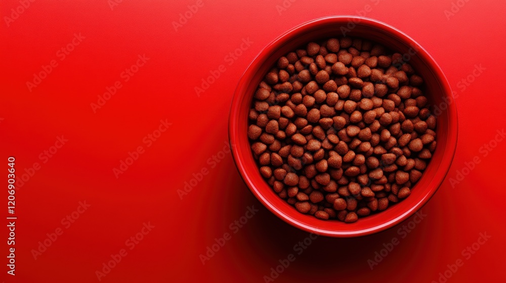 Red bowl filled with dry pet food Red bowl filled with dry pet food