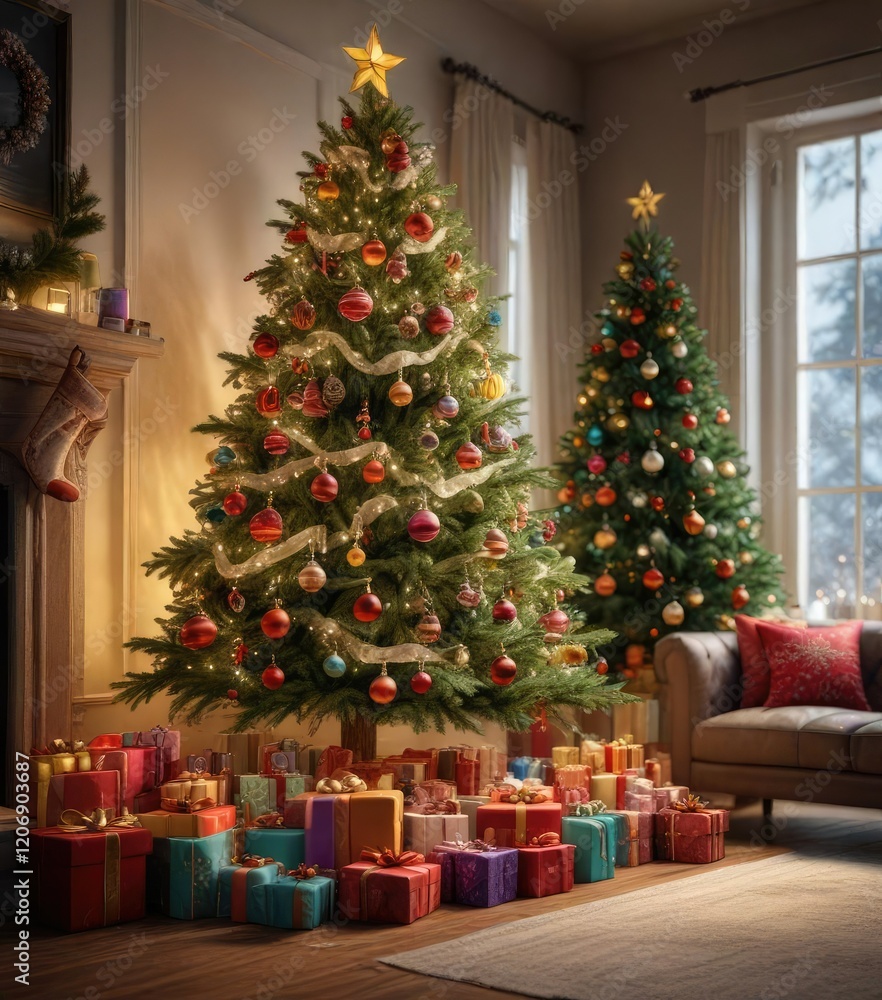 A stunning Christmas tree with multiple layers of ornaments and a large number of gifts underneath , layered ornaments, ornaments, gifts A stunning Christmas tree with multiple layers of ornaments and a large number of gifts underneath , layered ornaments, ornaments, gifts