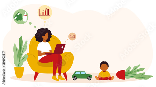 Mom working online during maternity leave while caring for her child in a cozy home setting