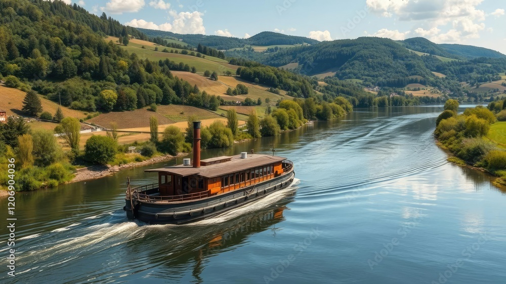 Fototapeta premium A stunning Moselle River with a historic wooden barge sailing down the river amidst a breathtaking landscape of rolling hills and lush greenery., history, boats, waterway