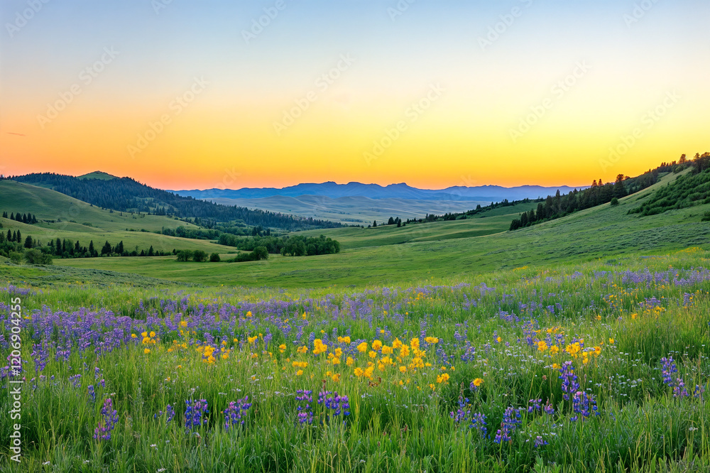 Obraz premium Sunrise Over Rolling Fields/朝日の田園風景