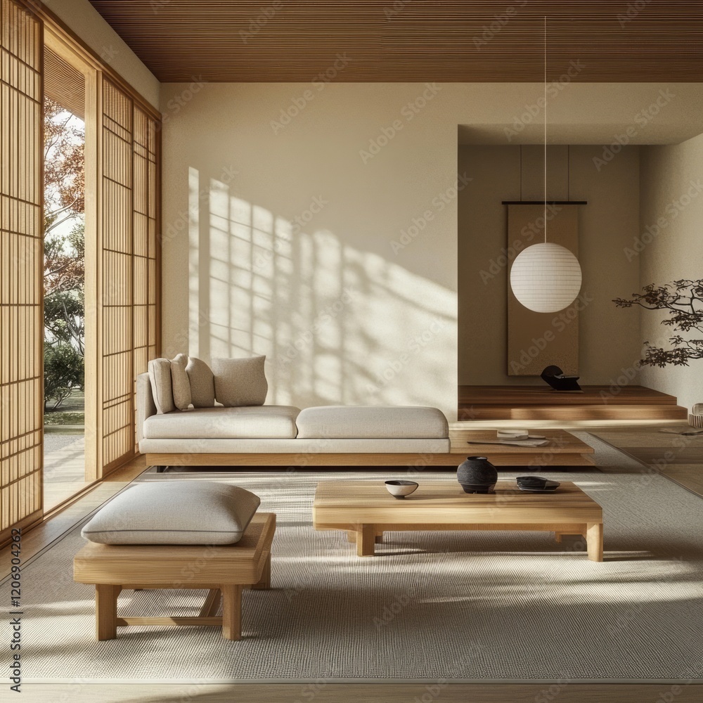 Fototapeta premium Serene Minimalist Japanese Style Living Room Interior Design