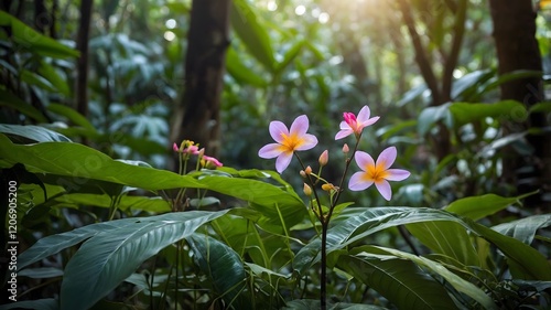 Kadupul Flowers in Natural Habitat Surrounded by Lush Tropical Foliage and Soft Light photo