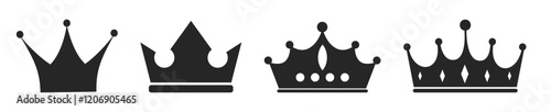  Crown king icon set isolated on transparent background. Collection different crown sign, silhouette crown symbol