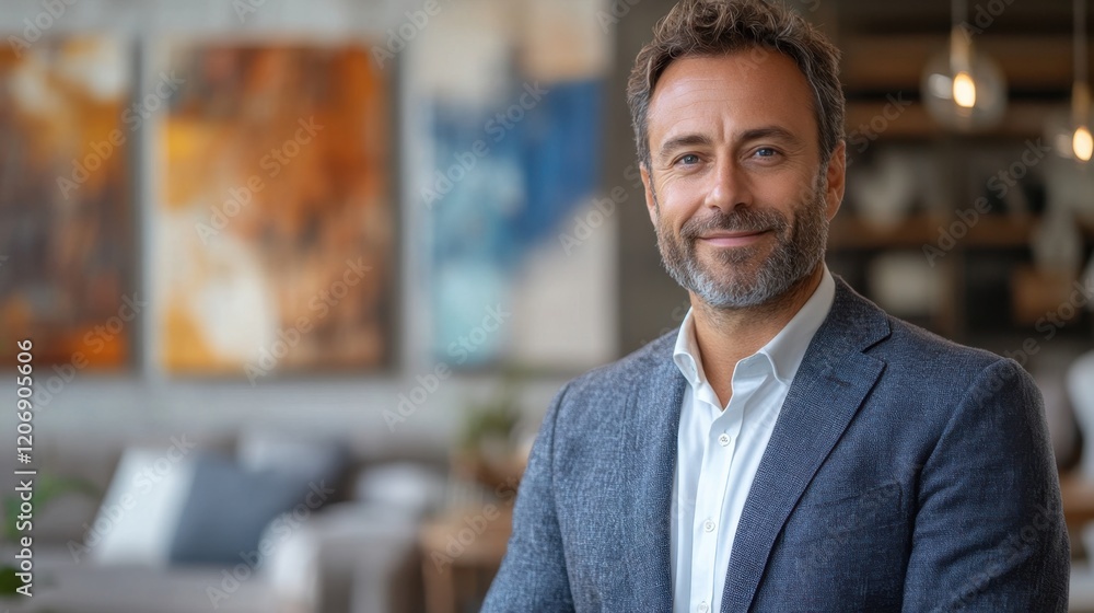 Naklejka premium Confident businessman smiling while standing in a modern, stylish office setting with colorful artwork in the background