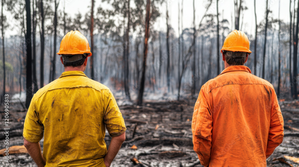 Two workers in safety gear survey a burned landscape, reflecting on the aftermath of a recent wildfire, surrounded by charred trees. Two workers in safety gear survey a burned landscape, reflecting on the aftermath of a recent wildfire, surrounded by charred trees.