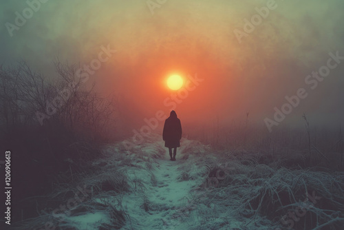 A person walks down a foggy path. photo