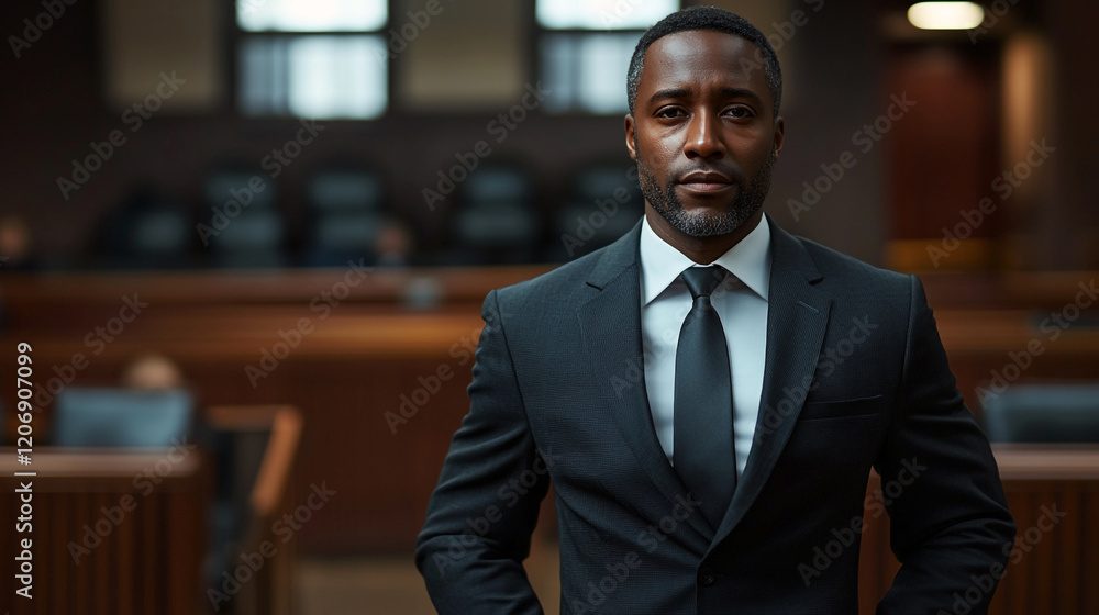 Fototapeta premium Lawyer standing confidently in courtroom preparing for an important trial