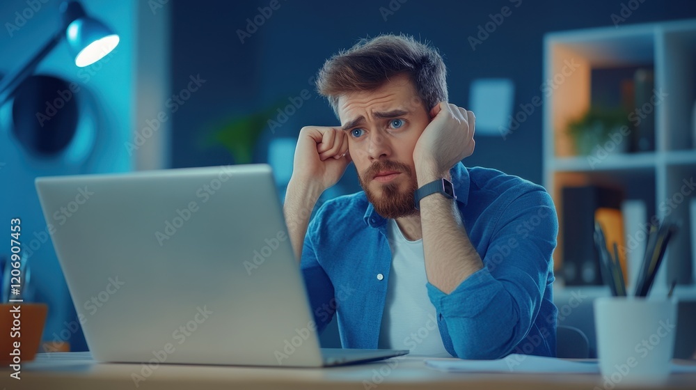 Stressed man working on laptop at night Stressed man working on laptop at night