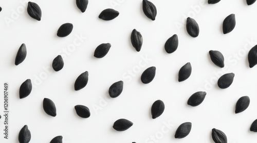 21.A minimalist arrangement of black sesame seeds in a loose pattern on a bright white background, with fine details and natural variations in size and form. photo