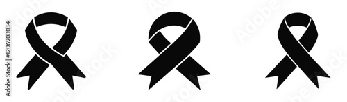 Black awareness ribbon icon set, Mourning and melanoma symbol