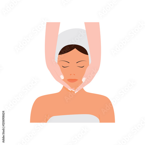 Woman face in spa procedure: face massage. Beauty salon, wellness center poster, banner. Hand drawn beauty concept. Vector illustration