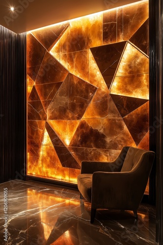 Geometric Backlit Marble Wall with Luxurious Armchair - Made with Generative AI photo