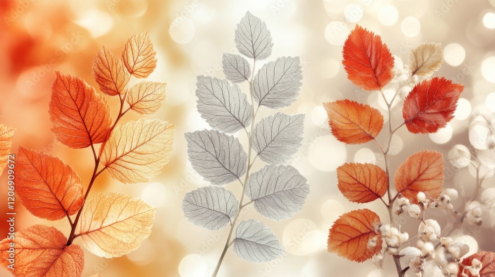 Obraz premium Colorful Autumn Leaves with Silver Accents and Soft Background
