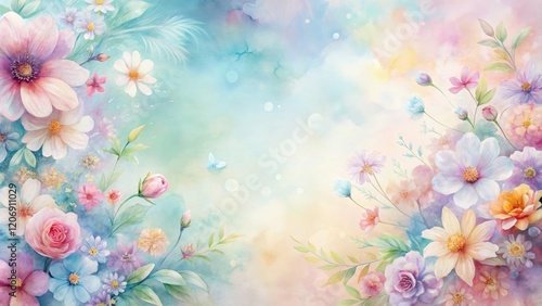Abstract background of watercolor flowers in soft pastel hues, botanical, flower