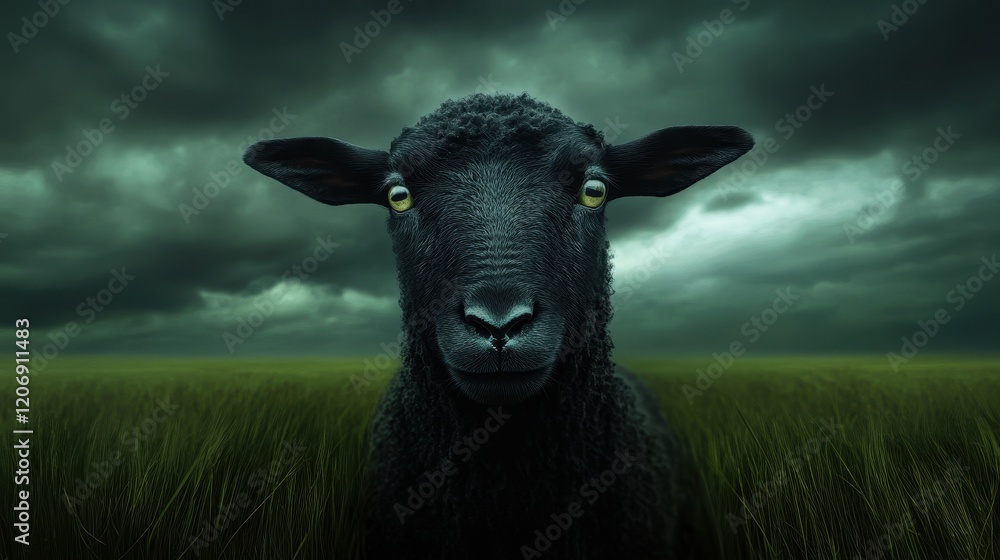 A dark sheep stands amidst green grass under a moody sky, embodying rural serenity. A dark sheep stands amidst green grass under a moody sky, embodying rural serenity.