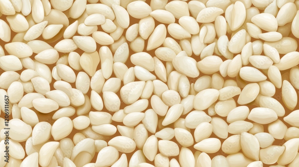 58.A close-up vector illustration of white sesame seeds with realistic contours, forming a continuous pattern on a soft chocolate brown background. 58.A close-up vector illustration of white sesame seeds with realistic contours, forming a continuous pattern on a soft chocolate brown background.