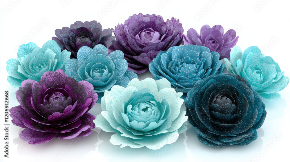 Paper flowers in teal and purple, arranged in a cluster Paper flowers in teal and purple, arranged in a cluster