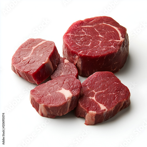 complete beef tenderloin cut into pieces, isolated on a solid, stark white background photo