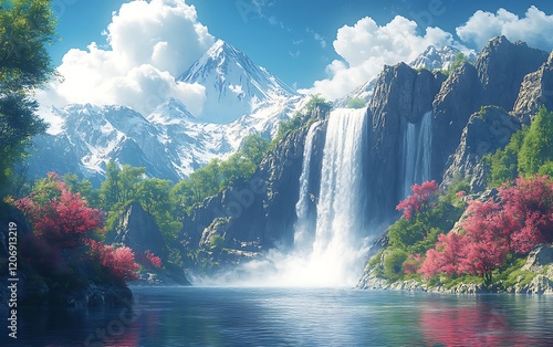 Majestic Mountain Waterfall Panoramic View