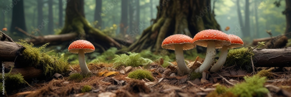 Fototapeta premium Amanita pantherina mushroom growing on the forest floor amidst decaying logs and tree roots, amanita pantherina habitat, woodland fungi, nature photography