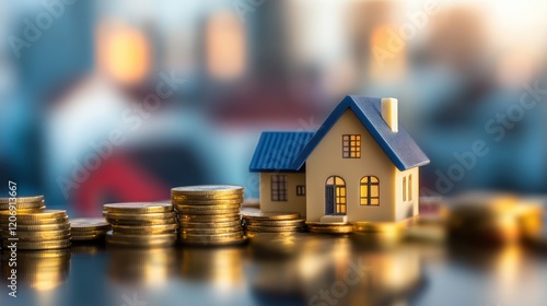 Miniature house model on gold coins, real estate concept	