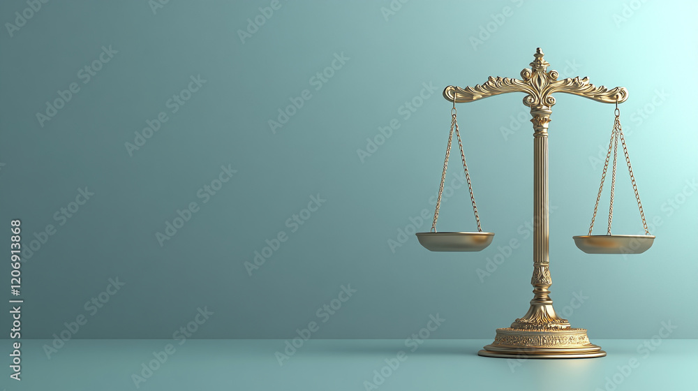 Balancing scales symbolize justice in a serene setting with a soft blue backdrop Balancing scales symbolize justice in a serene setting with a soft blue backdrop