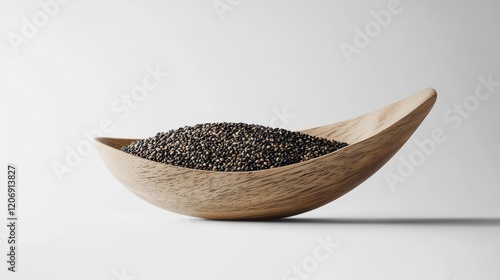 76.A minimalist composition of a wooden scoop filled to the edge with organic black sesame seeds, the contrast of the dark seeds and light wood highlighted against a white background. photo