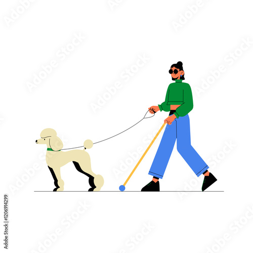 Blind Girl Walking A Guide Dog In Flat Vector Illustration Symbolizing Disability Awareness, Independence, And Accessibility, Isolated On White Background.