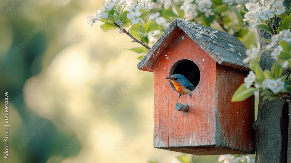 Colorful bird perches gracefully at the entrance of its cozy wooden home surrounded by blooming flowers Colorful bird perches gracefully at the entrance of its cozy wooden home surrounded by blooming flowers