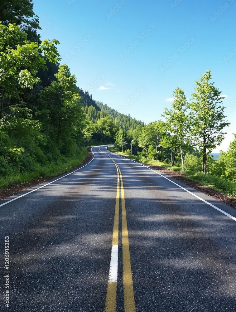 Fototapeta premium A stretch of asphalt road winding its way up a hillside, disappearing into the blue expanse of the sky, hillside, asphalt pavement, scenic drive