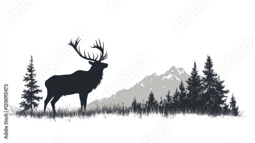 Silhouette of a majestic elk standing proudly amidst towering pines with mountains in the background at dusk