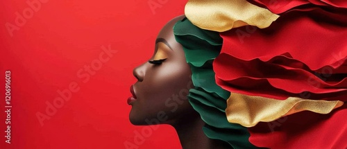 Black History Month Culture Celebration. Vibrant portrait of a woman with colorful headwrap against a red background.