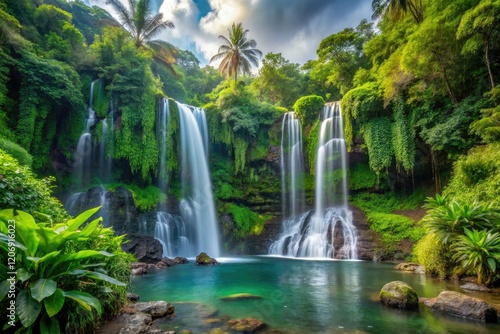A stunning waterfall scene showcasing cascading waterfalls surrounded by lush greenery and tropical plants, forest, tropical, scenery, foliage