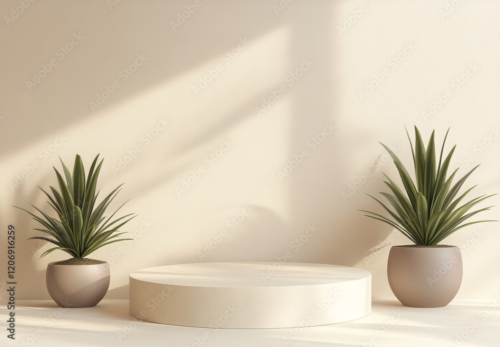 Fototapeta premium Minimalist beige podium with plants.