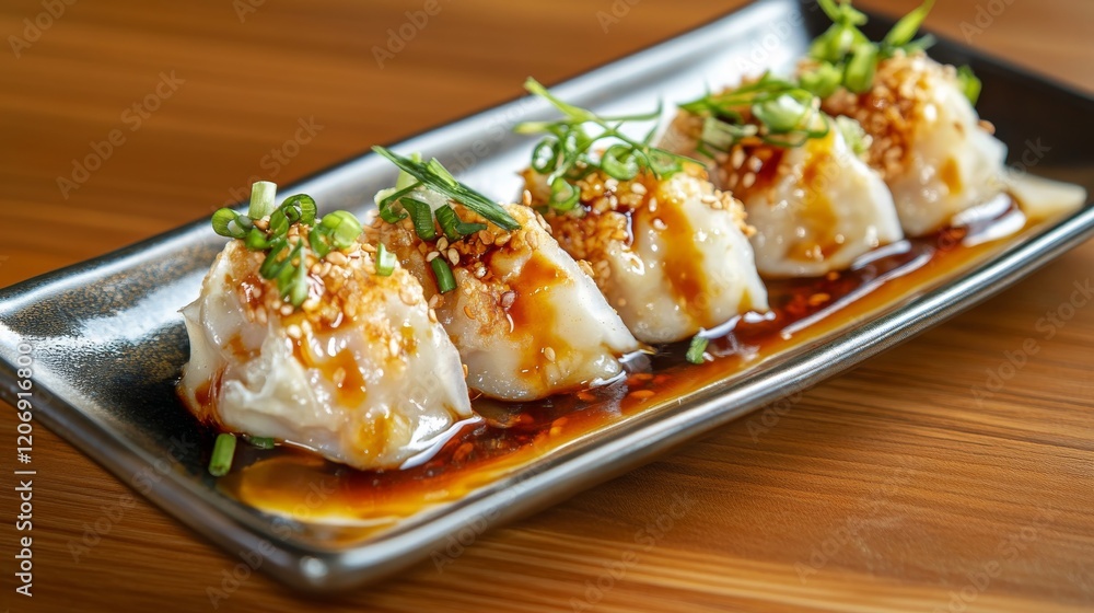 98.A plate of steamed wonton dumplings, their delicate wrappers glistening with sesame oil sauce, garnished with green onions and served on a wooden table. 98.A plate of steamed wonton dumplings, their delicate wrappers glistening with sesame oil sauce, garnished with green onions and served on a wooden table.