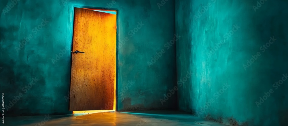 Open wooden door glowing with light in a dark room Open wooden door glowing with light in a dark room