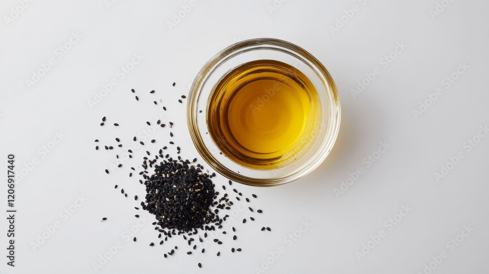 105.A flat-lay composition featuring a glass bowl of sesame oil paired with a small pile of black sesame seeds, creating a balanced and minimalist aesthetic against a white background. 105.A flat-lay composition featuring a glass bowl of sesame oil paired with a small pile of black sesame seeds, creating a balanced and minimalist aesthetic against a white background.