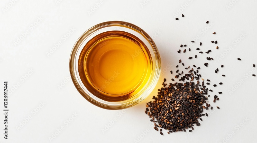 105.A flat-lay composition featuring a glass bowl of sesame oil paired with a small pile of black sesame seeds, creating a balanced and minimalist aesthetic against a white background. 105.A flat-lay composition featuring a glass bowl of sesame oil paired with a small pile of black sesame seeds, creating a balanced and minimalist aesthetic against a white background.