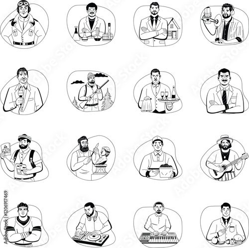 Set of 16 Professions Glyph Style Illustrations 

