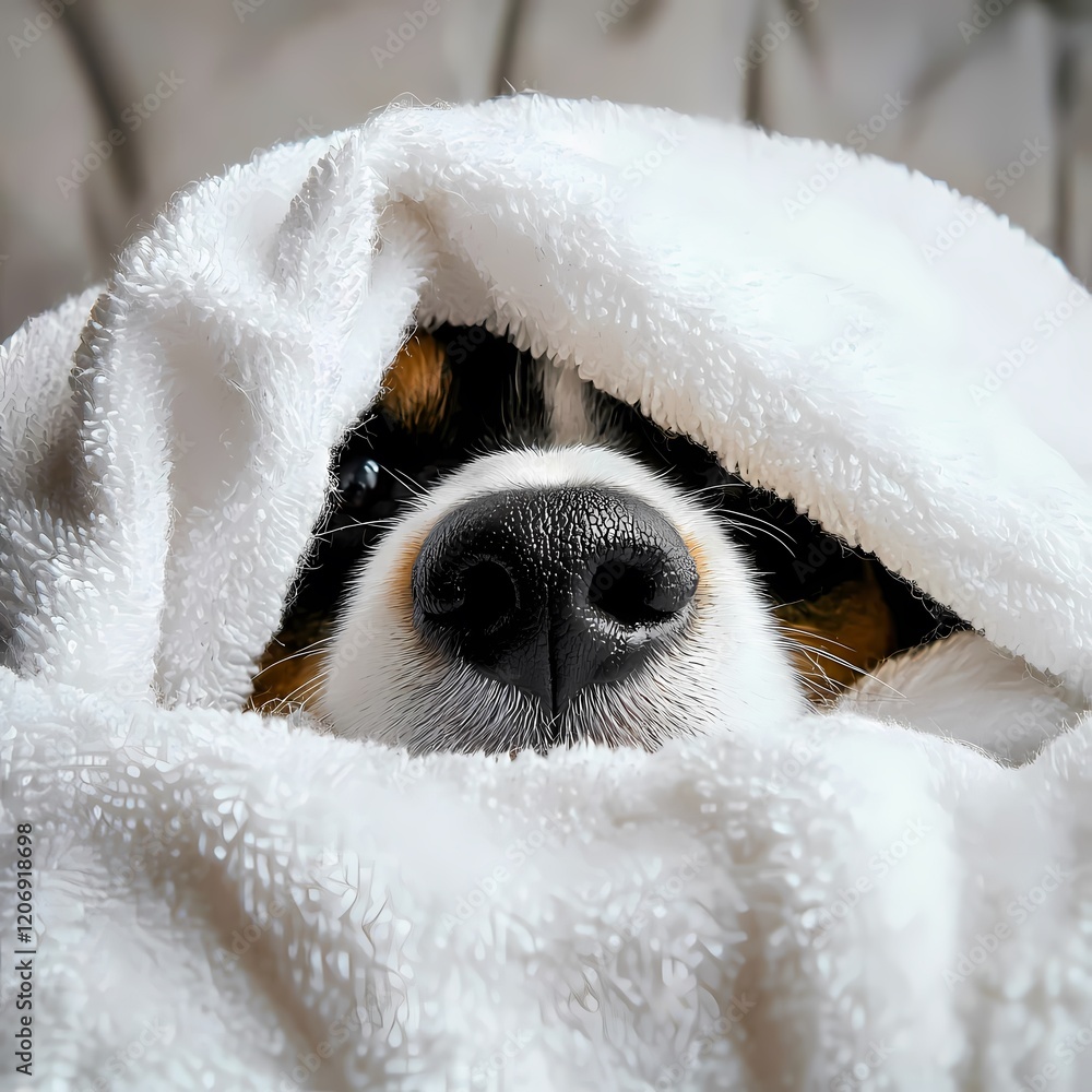 Dog peeking out from soft blanket on a cozy day, showcasing adorable curiosity and comfort in a warm indoor setting Dog peeking out from soft blanket on a cozy day, showcasing adorable curiosity and comfort in a warm indoor setting