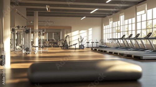 Sunlit Modern Fitness Center: A Tranquil and Inviting Space for Wellness photo