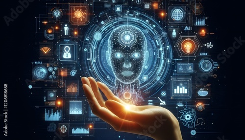 Technology artificial intelligence digital ai hand concept on cyber future business tech science innovation futuristic network strategy background virtual data communication learning assistant search.
