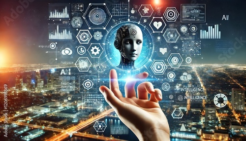 Technology artificial intelligence digital ai hand concept on cyber future business tech science innovation futuristic network strategy background virtual data communication learning assistant search.