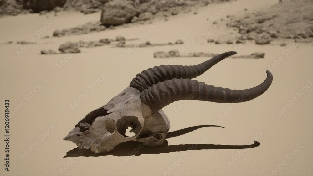 A desert landscape with the skull of a majestic animal resting in the sand A desert landscape with the skull of a majestic animal resting in the sand