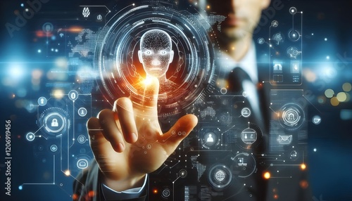 Technology artificial intelligence digital ai hand concept on cyber future business tech science innovation futuristic network strategy background virtual data communication learning assistant search.