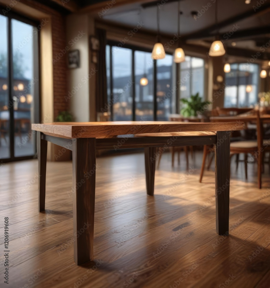 A wooden dining table in a cafe with a blurred light source shining from above onto its surface, soft illumination, restaurant decor A wooden dining table in a cafe with a blurred light source shining from above onto its surface, soft illumination, restaurant decor