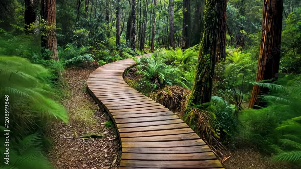 Discover stunning wildlife along the winding boardwalk in Tasmania's lush rainforest, Explore wildlife and beautiful nature of Tasmania Forest walk path outdoor view Discover stunning wildlife along the winding boardwalk in Tasmania's lush rainforest, Explore wildlife and beautiful nature of Tasmania Forest walk path outdoor view