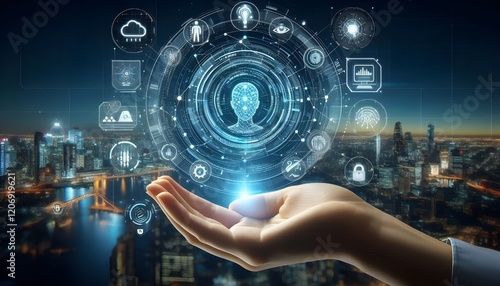 Technology artificial intelligence digital ai hand concept on cyber future business tech science innovation futuristic network strategy background virtual data communication learning assistant search.