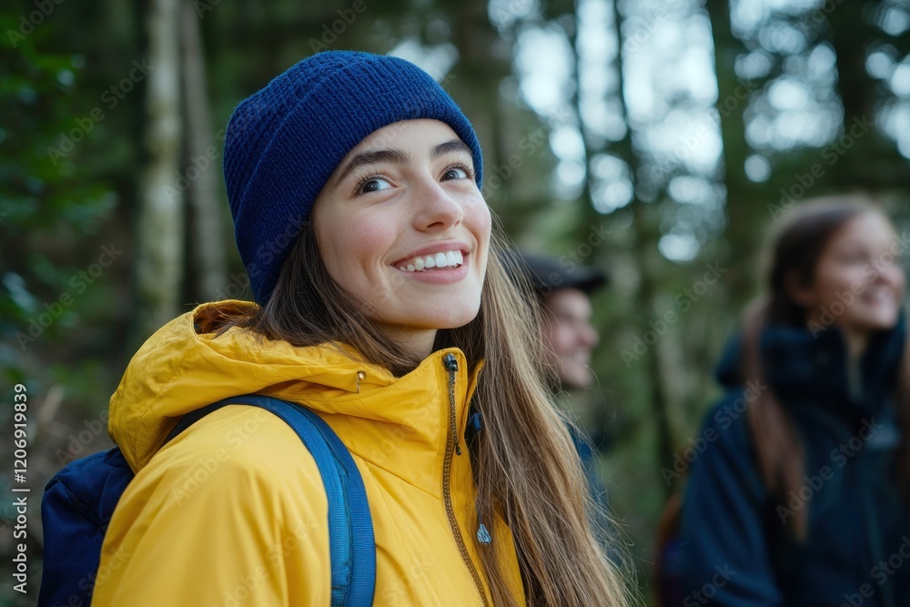 Smiling Woman Hiking in Forest Smiling Woman Hiking in Forest
